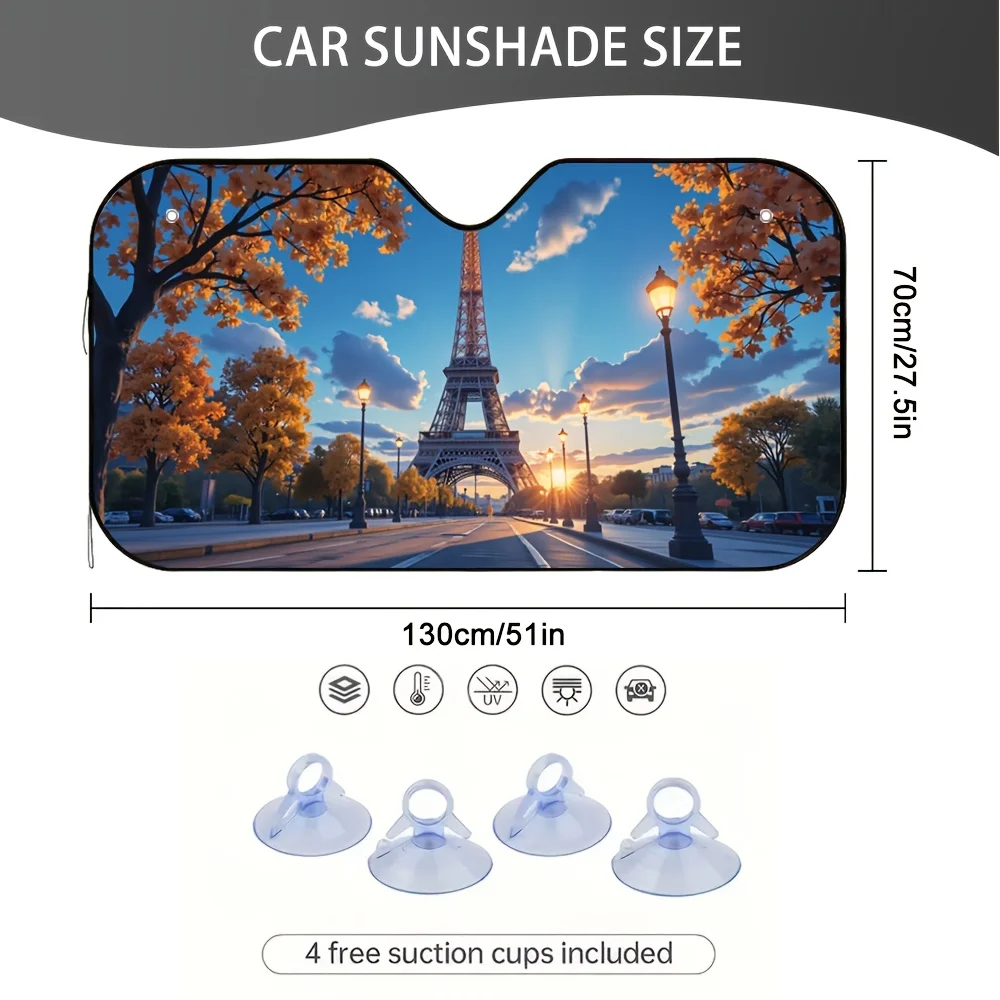 1pc Paris Eiffel Tower Windshield Sunshade For Cars - 2D Flat Printing Design With Autumn Colors & French Architecture, 100% Pol