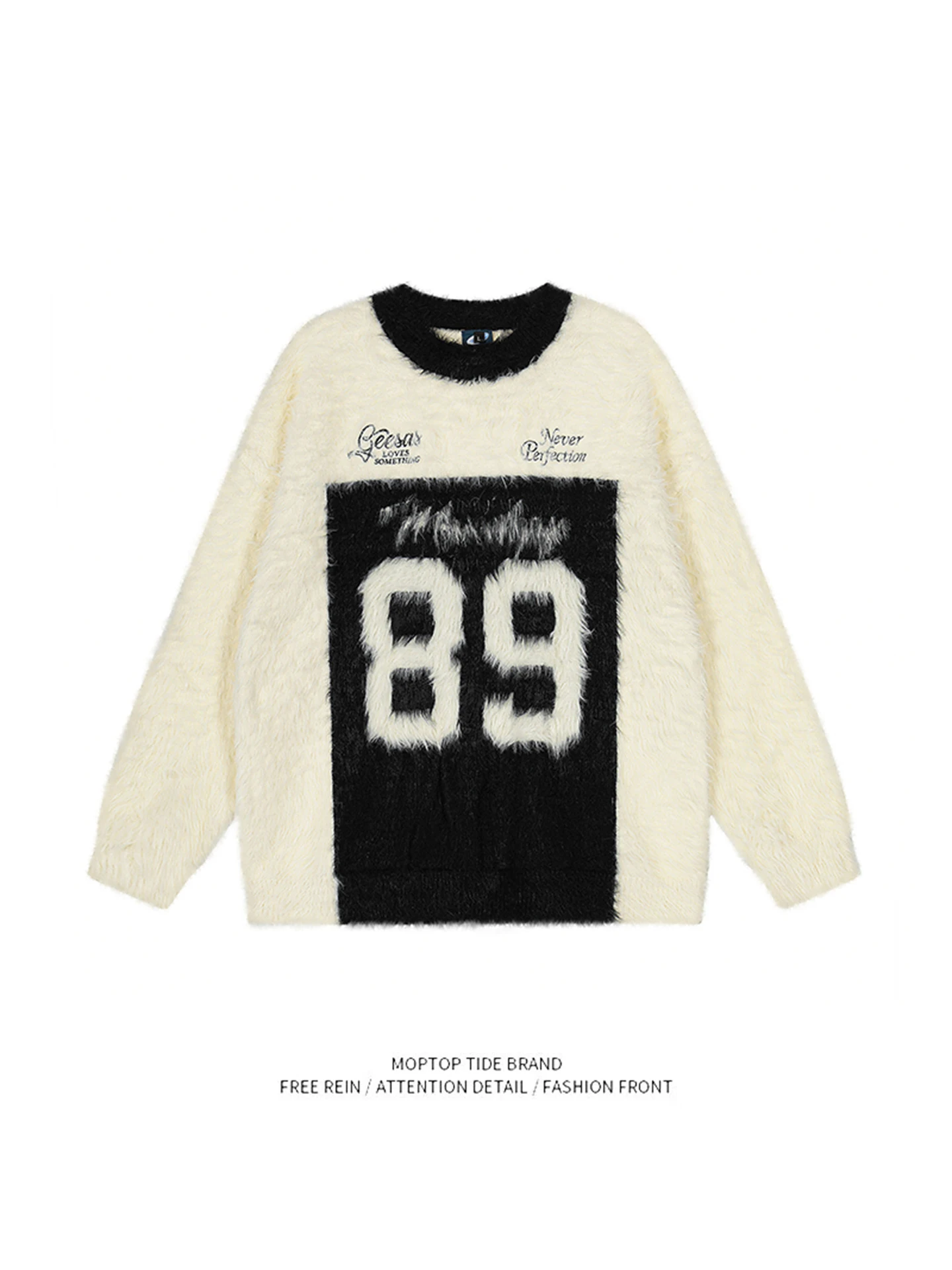 

Американский спортивный свитер с цифровым принтом и цветными блоками, круглый вырез, трикотажный, женский, повседневный, свободный, теплый, из искусственного меха норки, с длинными рукавами