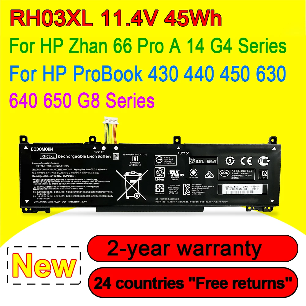 

NEW RH03XL Battery For HP ProBook 430 440 445 450 630 640 650 G8 Zhan 66 Pro A 14 G4 Series HSTNN-IB9P HSTNN-OB1T 11.4V 45WH