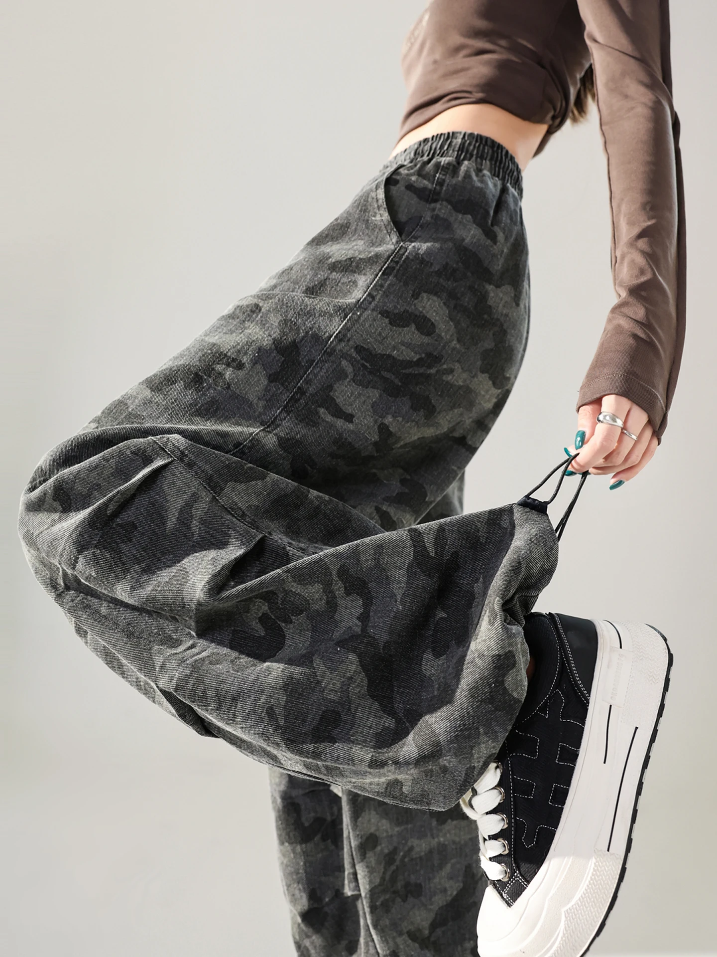 

High Waist Leopard Print Workwear Pants Women's Casual Loose Fit Sports Wide Leg Trousers Spring Autumn New Style Fashionable