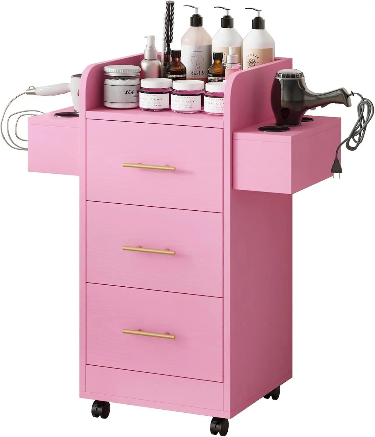 Salon Station for Hair Stylist, Salon Station Cart with Wheels | Hair Stylist Beauty Barber Station, 6 Hair Dryer Holders & 3 Dr