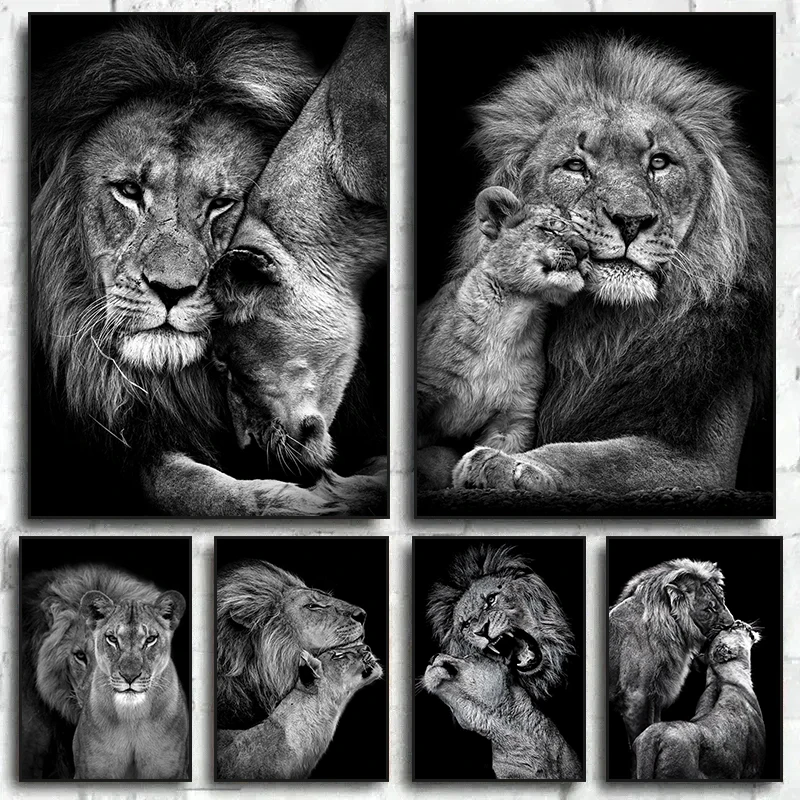 Black and White Wild Animal Lion Canvas Painting Lion Family Posters Prints Modern Wall Art Pictures for Living Room Home Decor