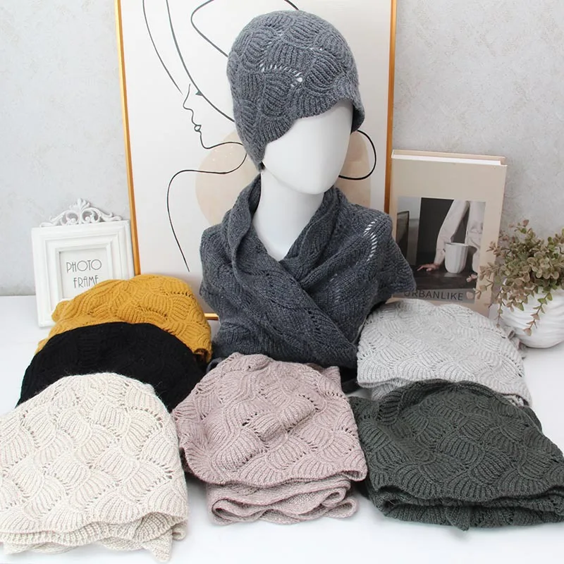 2pc Hollow-out knitted autumn and winter warm wool hat triangular scarf set shawl beanie head wrap and scarves fashion wear