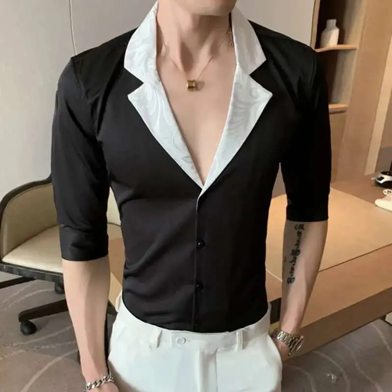 

2022 Jacquard Stitching Shirts For Men Half Sleeve Slim Casual Shirt Social Party Tuxedo Chemise Homme Streetwear Men Clothing