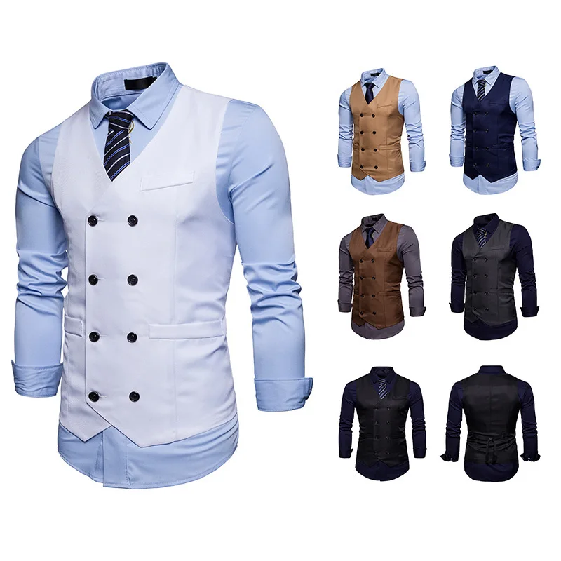 

White Double-Breasted Korean Sle Vest for Wedding Photoaph Studio Muscle Men Large Size oulder Pads V-Ne Slim Fit