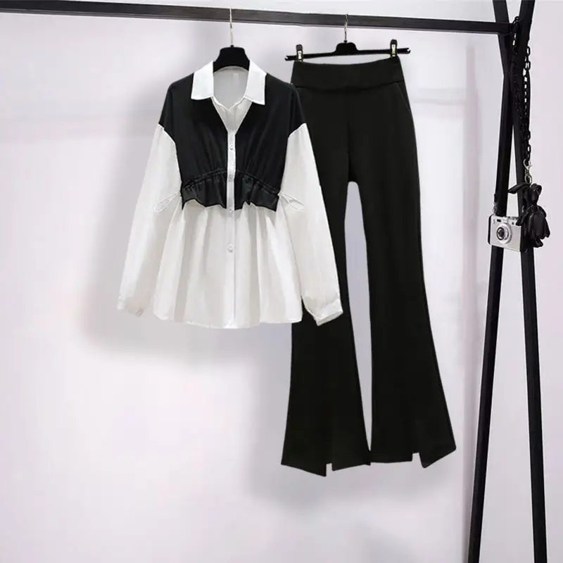 2024 New Two-piece Women's Polo Collar Pleated Loose Flesh Covering Shirt Split Micro Flared Pants Two-piece Set for Women Pants