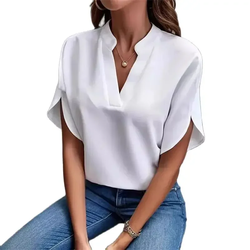 

Women Solid Color V Neck Pullover Shirt 2024 Summer Casual Loose Flared Short Sleeve Blouse Elegant Female Office Commuter Tops