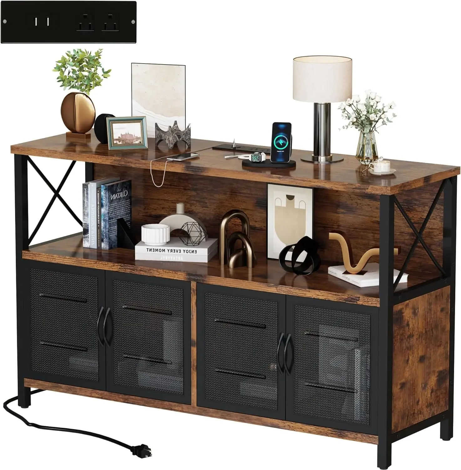 Retro Aparador Buffet Cabinet com Power Outlet e Porta USB, Industrial Wood Farmhouse, Coffee Bar Cabinet com Armazenamento