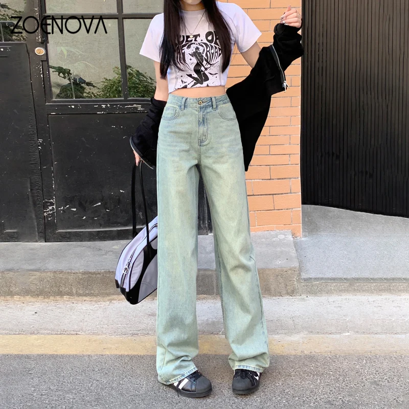 

ZOENOVA American Retro Nostalgic 2024 Spring New Wide Leg Pants Street Y2K Gray Green High Waist Straight Versatile Women Jeans