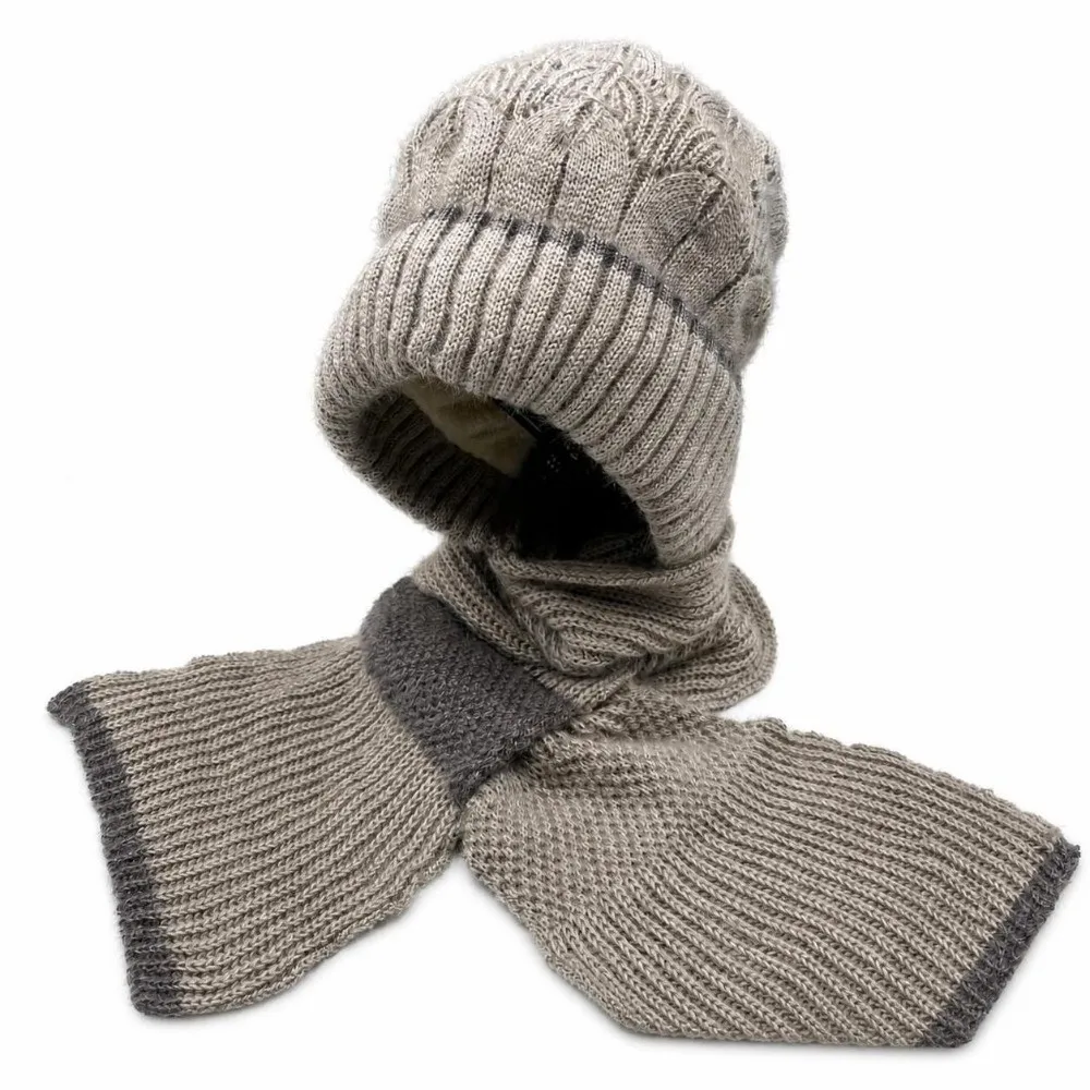 Patchwork Design Knitted Hat Scarf Set Fleece Lined Windproof Balaclava Neck Warmer All In One Thick Knit