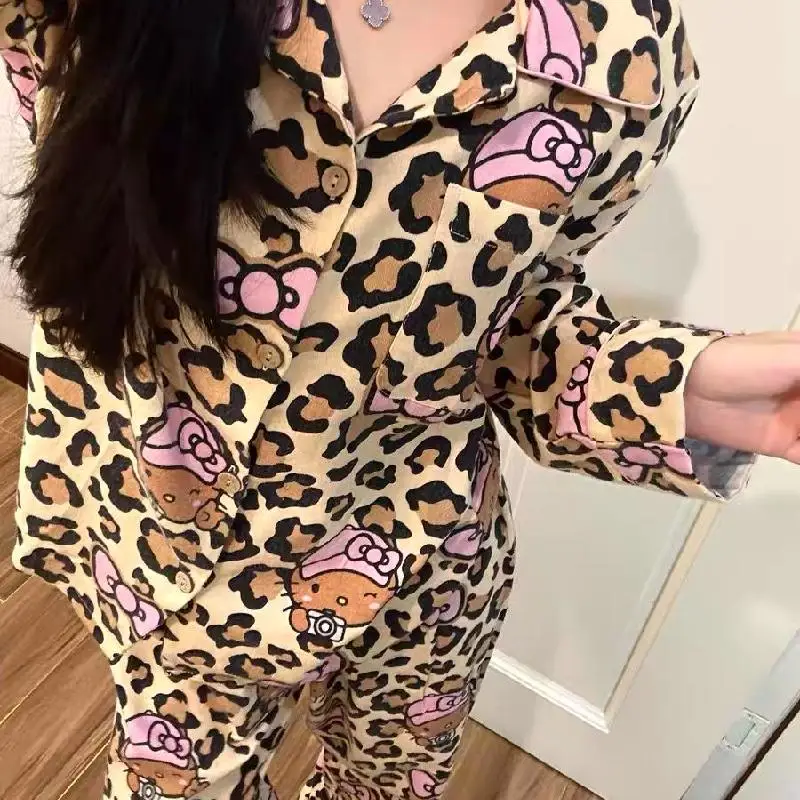 Hot Kawaii Hello Kitty Sweet Leopard Print Pajamas Pajamas Sweet Girls Long Sleeve Cute Tops Ins Pants Casual Home Wear Set