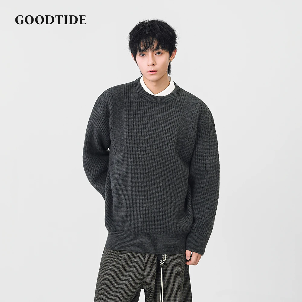 Fashion Men's Casual Crew Neck Sweater Waffle Knit Pullover Textured Panel Comfortable Soft Long Sleeve Jumper Winter Top
