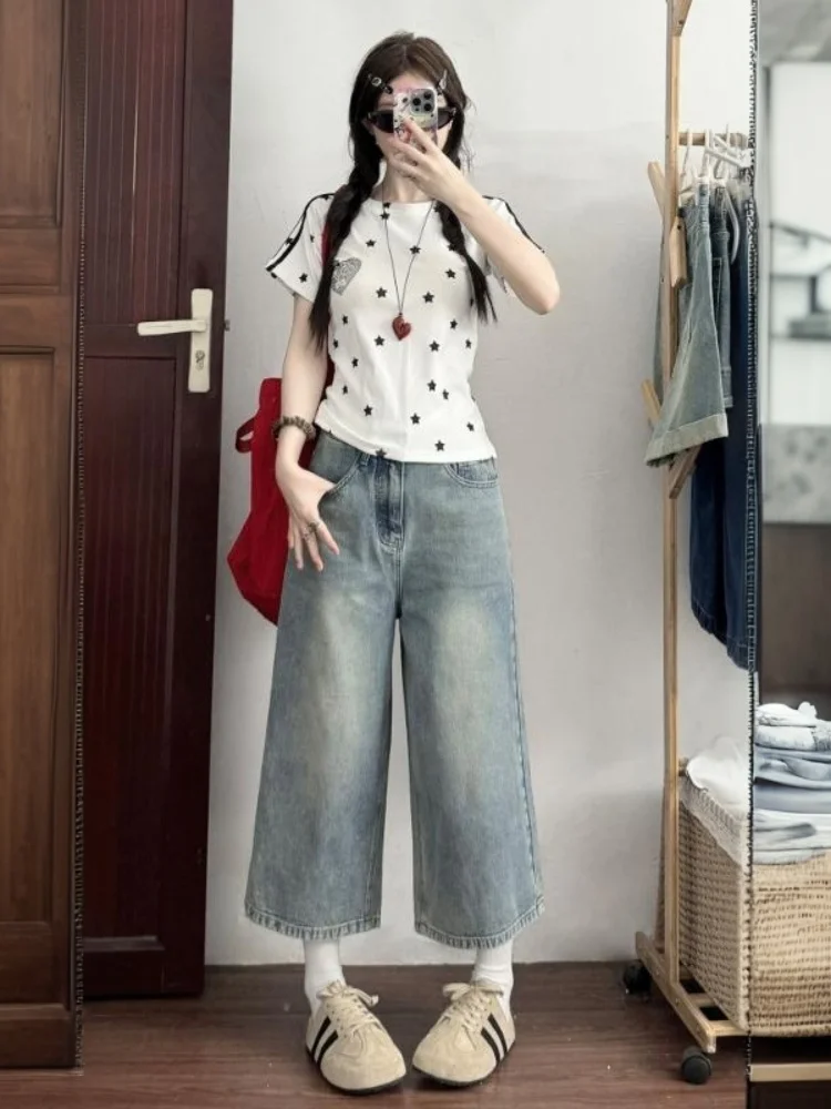

High Waist Wide Leg Seven-Foot Women's Jeans Summer Thin New Loose Large Size Over-Knee Straight Tube Mid-Pants Casual Style
