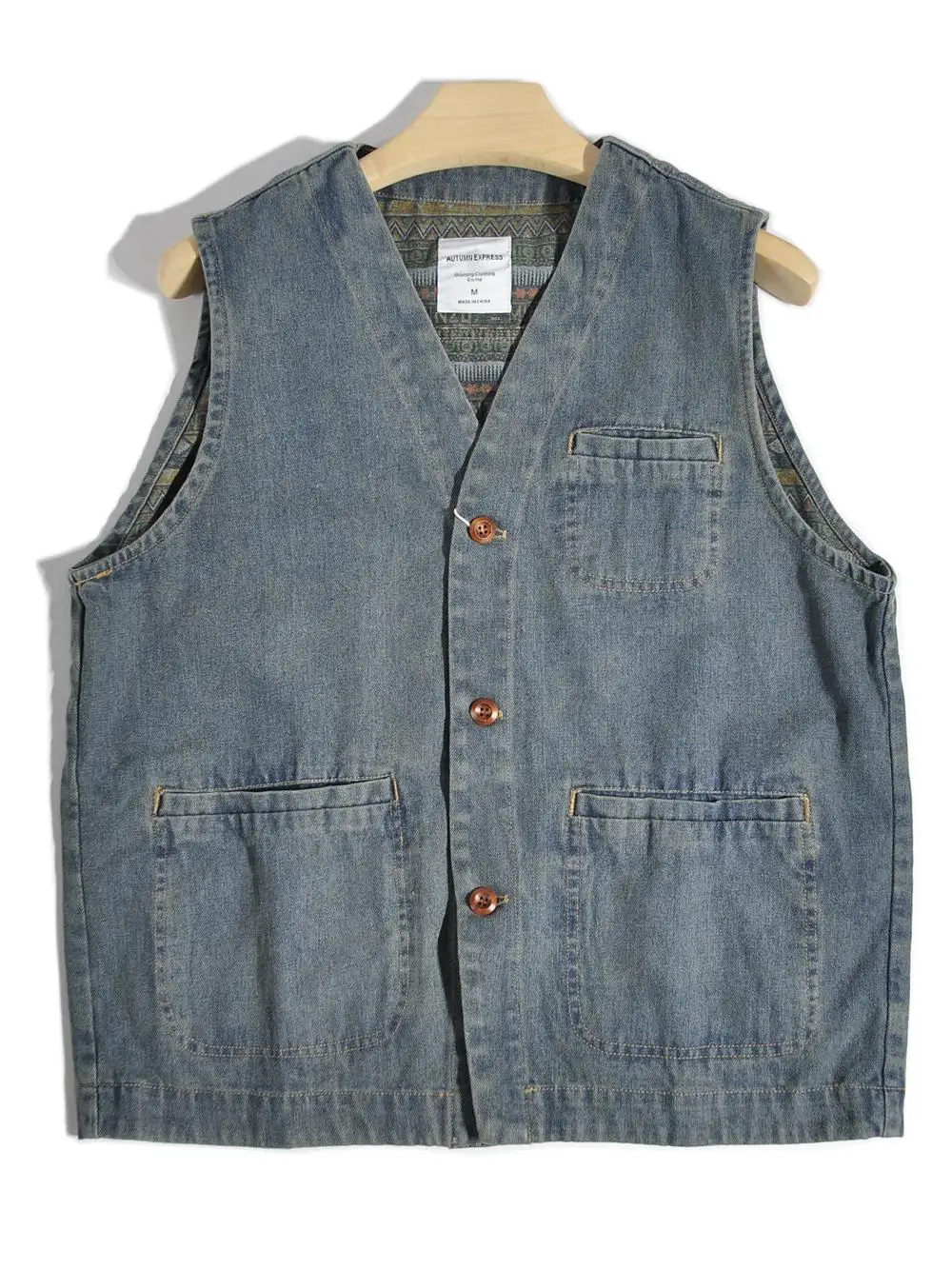 100% Cotton Washed Japanese Ethnic Style Amekaji HK Style V-neck Denim Vest American Vintage Casual Vest Shoulder