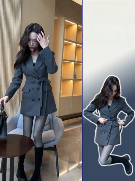 

Новая женская куртка больших размеров в стиле Slim Fit, повседневная, модная, весенняя, в французском стиле, короткое пальто с длинными рукавами, с отложным воротником, двубортное.