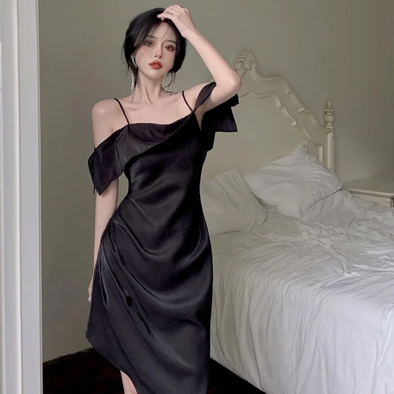 

FatmmFrench Style Ruffle Irregular Off-Shoulder Dress Summer Plus Size Elegant Super Fairy One-Shoulder Strap Dress for Women