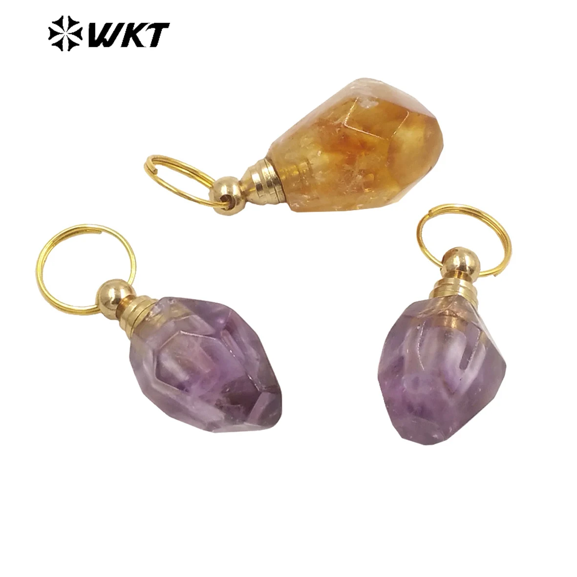 

WT-P1914 Fashion gold cap faceted Yellow citrine stone perfume bottle pendants hot small size bottle for essencial oil