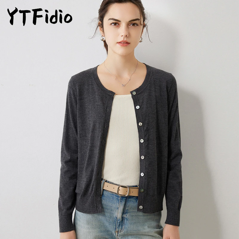 YTFidio 100% Cashmere Women O-neck Cardigan Solid Soft Warm Casual Warm Knitwear Tops Office Cardigan 47