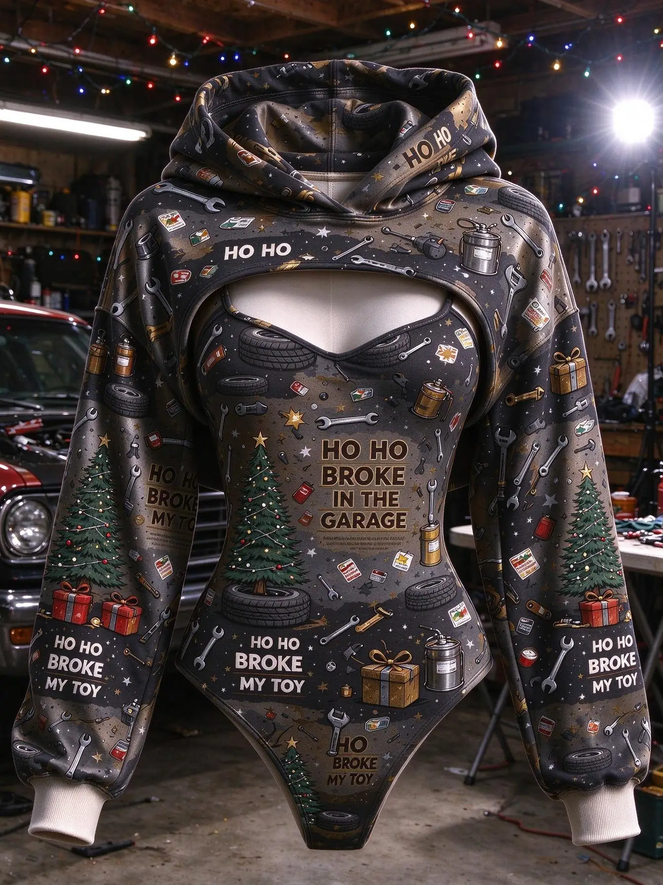 Women Christmas Garage Tool Tire Xmas Tree Gift Print 2 Piece Outfit Hooded Shrug Bodysuit Long Sleeve