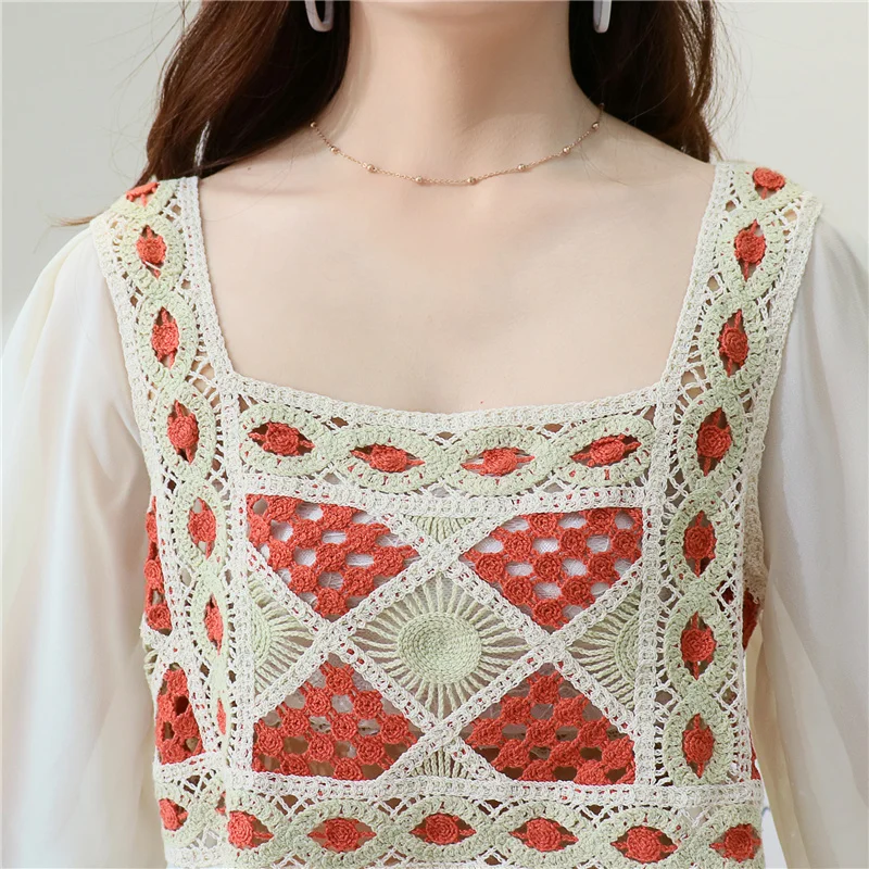 Women Blouse Crochet Knit Square Neck Chiffon Sleeve Geo Embroidery Crop Tops Summer Teen-girls Fairycore Cottagecore Outfit