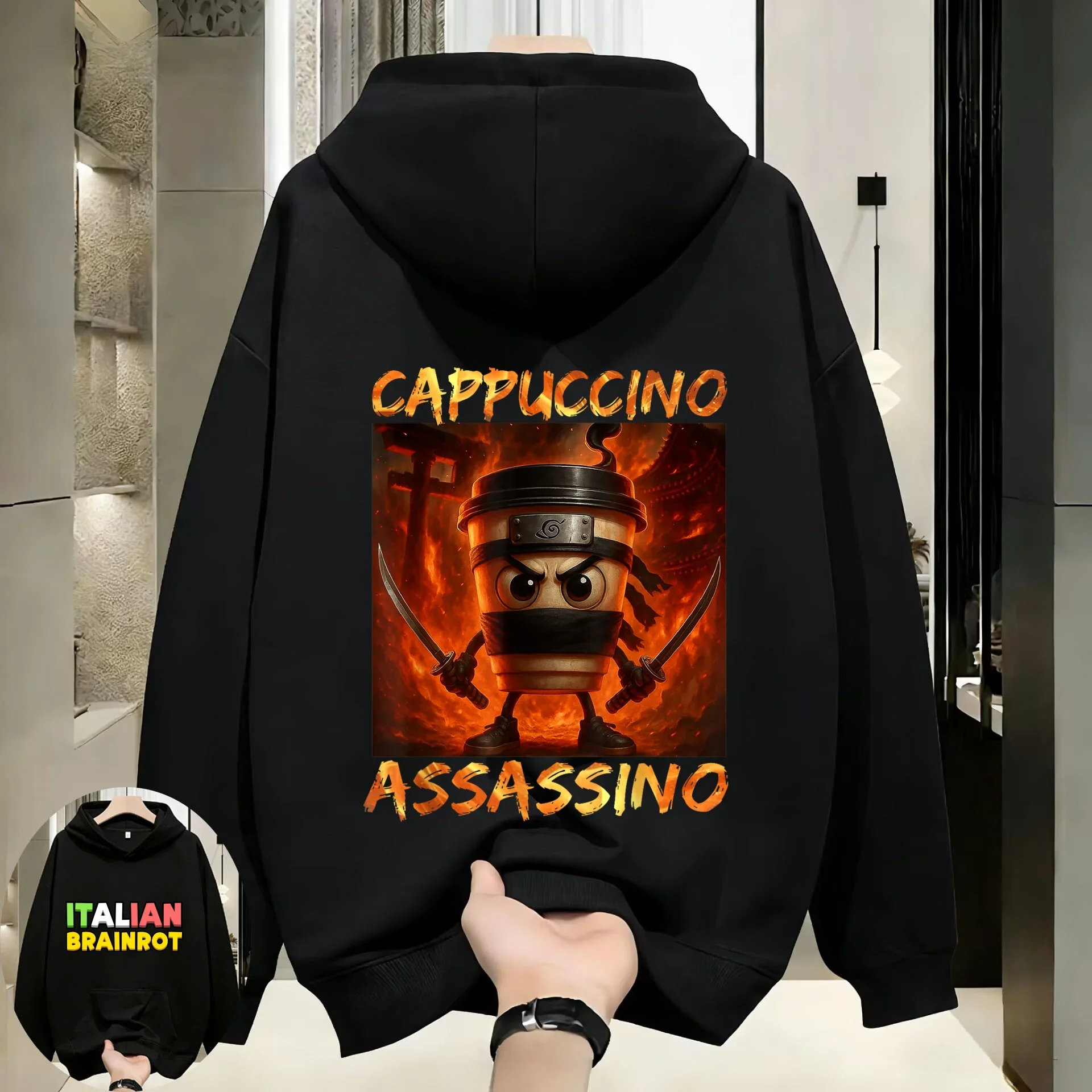 

Толстовка с капюшоном в итальянском стиле, Coffee Ninja Assassin! Толстовка с забавным принтом CAPPUCCINO ASSASSASSINO