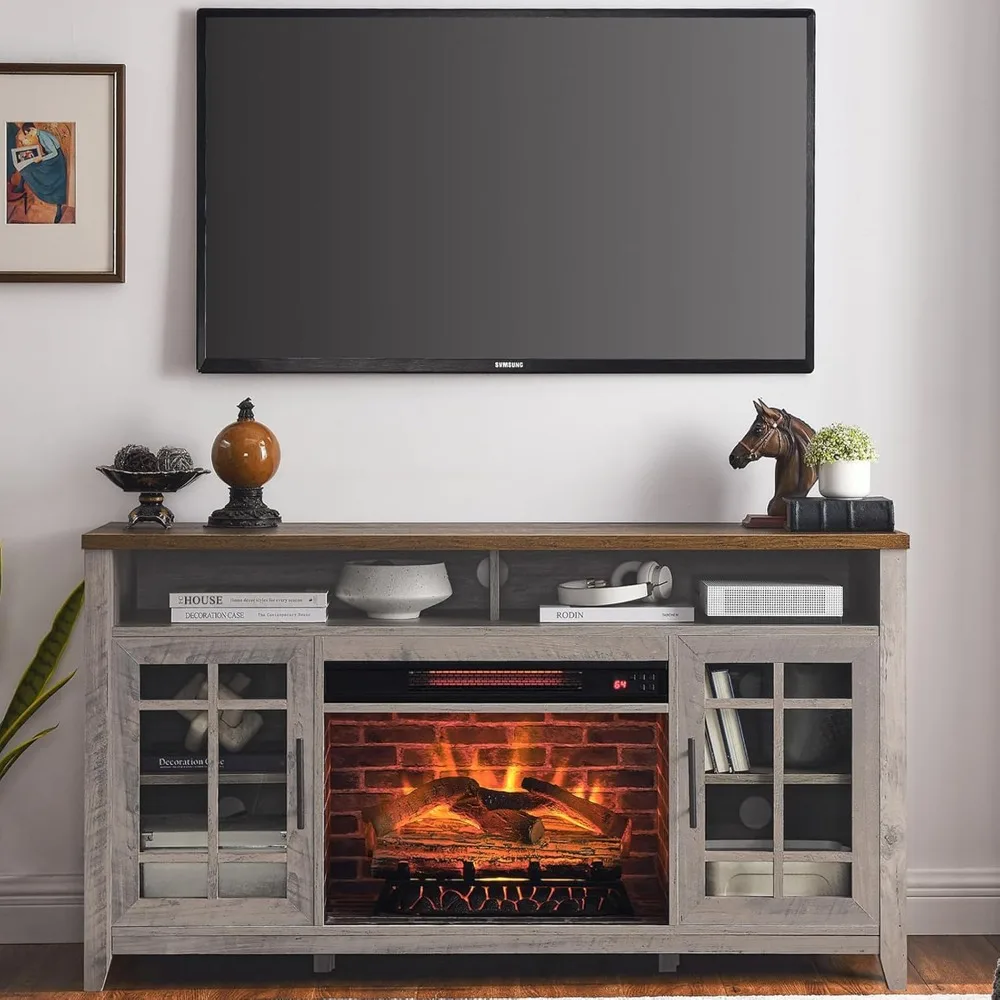 Fireplace TV Stand for Television up to 65 with 23 Electric Fireplace Heater, Entertainment Center with Cabinet and Shelves, 55