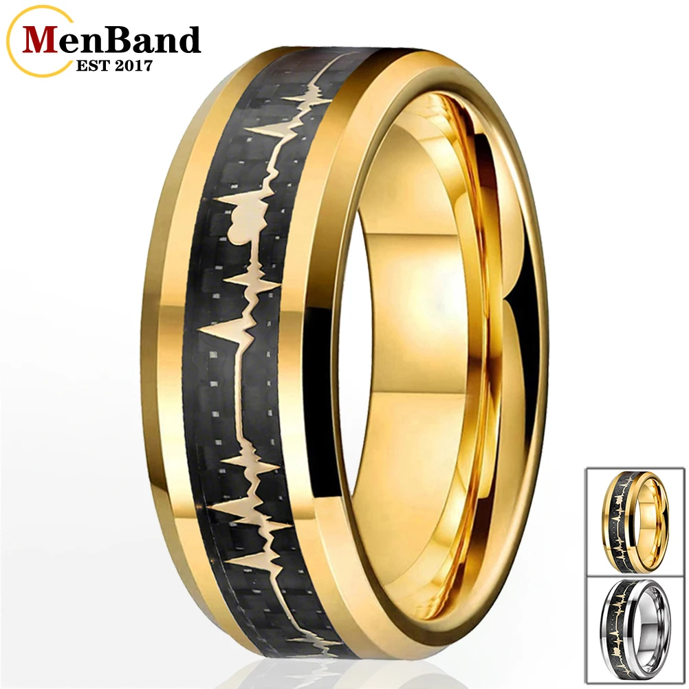 ManBand 8mm Tungsten Carbide Wedding Band With Black Carbon Fiber Ring And EKG Heartbeat Inlay Beveled Edges Polished Comfort