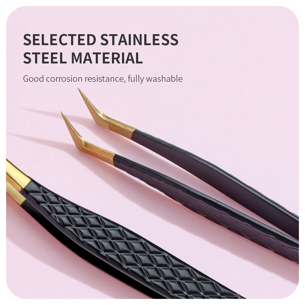 ANNAFRIS Pinzette per ciglia con punta in fibra di fascia alta in acciaio inossidabile Testa dritta Punta curva Pinzette per estensione ciglia Strumenti per il trucco