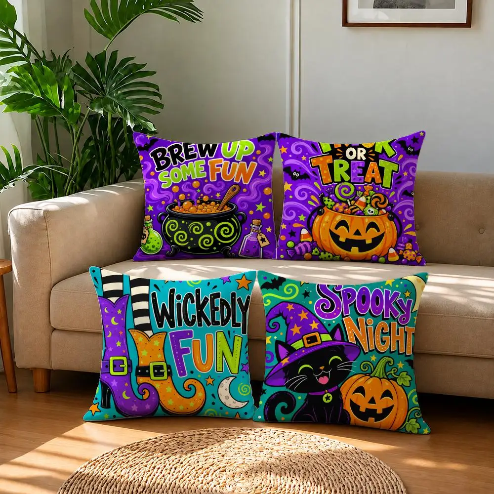 Spooky Art Halloween Colorful Witch Ghost Cushion Cover Short Plush Pillowcase, Sofa Bedroom Home Decor & Holiday Gift