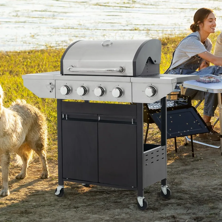 

Propane Grill 4 Burner Barbecue Grill Stainless Steel Gas Grill with Side Burner and Thermometer for Outdoor BBQ Camping