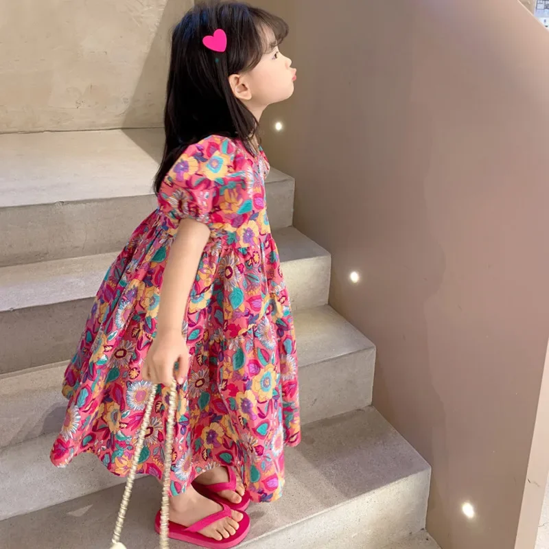 Summer Floral Dress Lolita Child Big Kids Girls Casual Midi Dress Children Dresses For Teens Party Princess Sundress