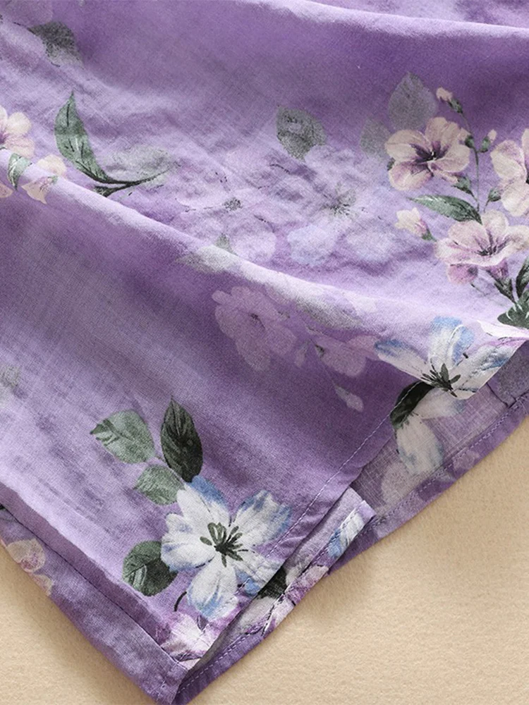 เสื้อผ้าฝ้ายลินินลายดอกไม้สไตล์เรโทร คอปกตุ๊กตาบางเบา ผ้าไหม เสื้อผู้หญิงทรงหลวม พิมพ์ลาย เหมาะสำหรับใส่ไปทำงานในฤดูร้อน