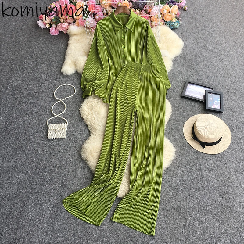 

Pleated Woman 2025 New Sets Lapel Long Sleeve Single Breasted Blusas Mujer+ High Waist Wide Leg Straight Pants Spring Suit