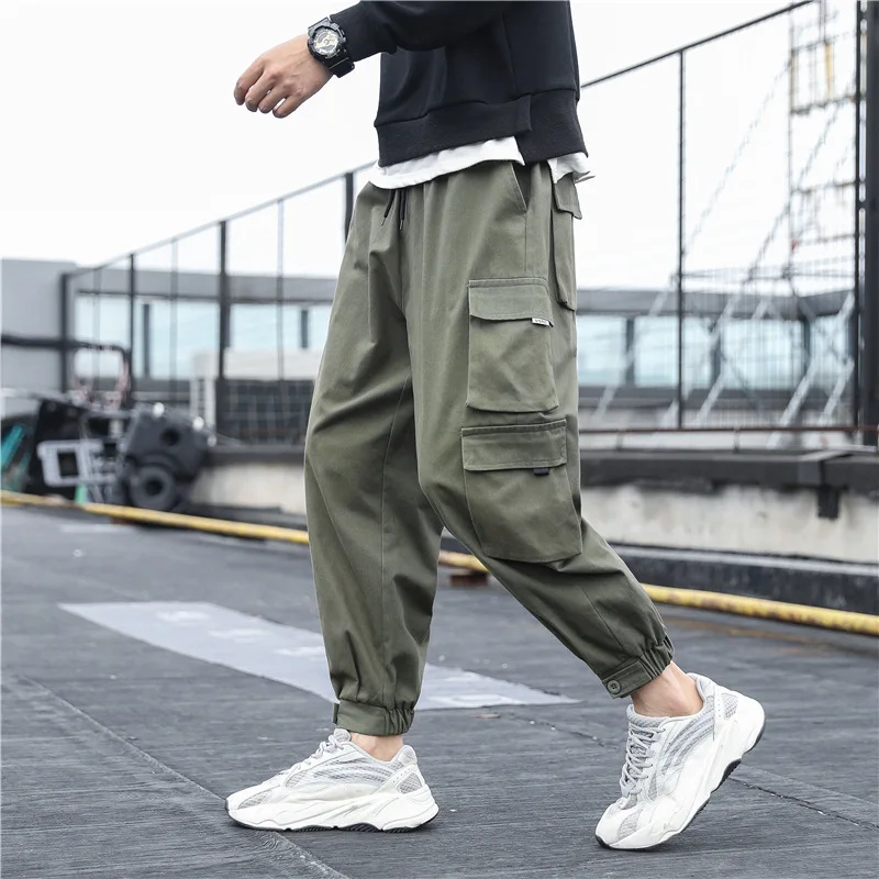 

Autumn Winter Solid Patchwork Pockets Cargo Pants Men Y2K Pure Cotton Fashion Trousers Casual Loose All Match Chic Male Clothes