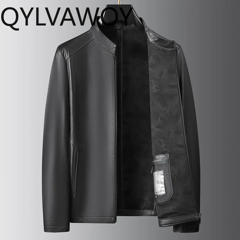 QYLVAWOY Men Genuine Leather Jacket High Quality Real Cowhide Leather Coat Stand Collar Casual Business Black Leather Jackets