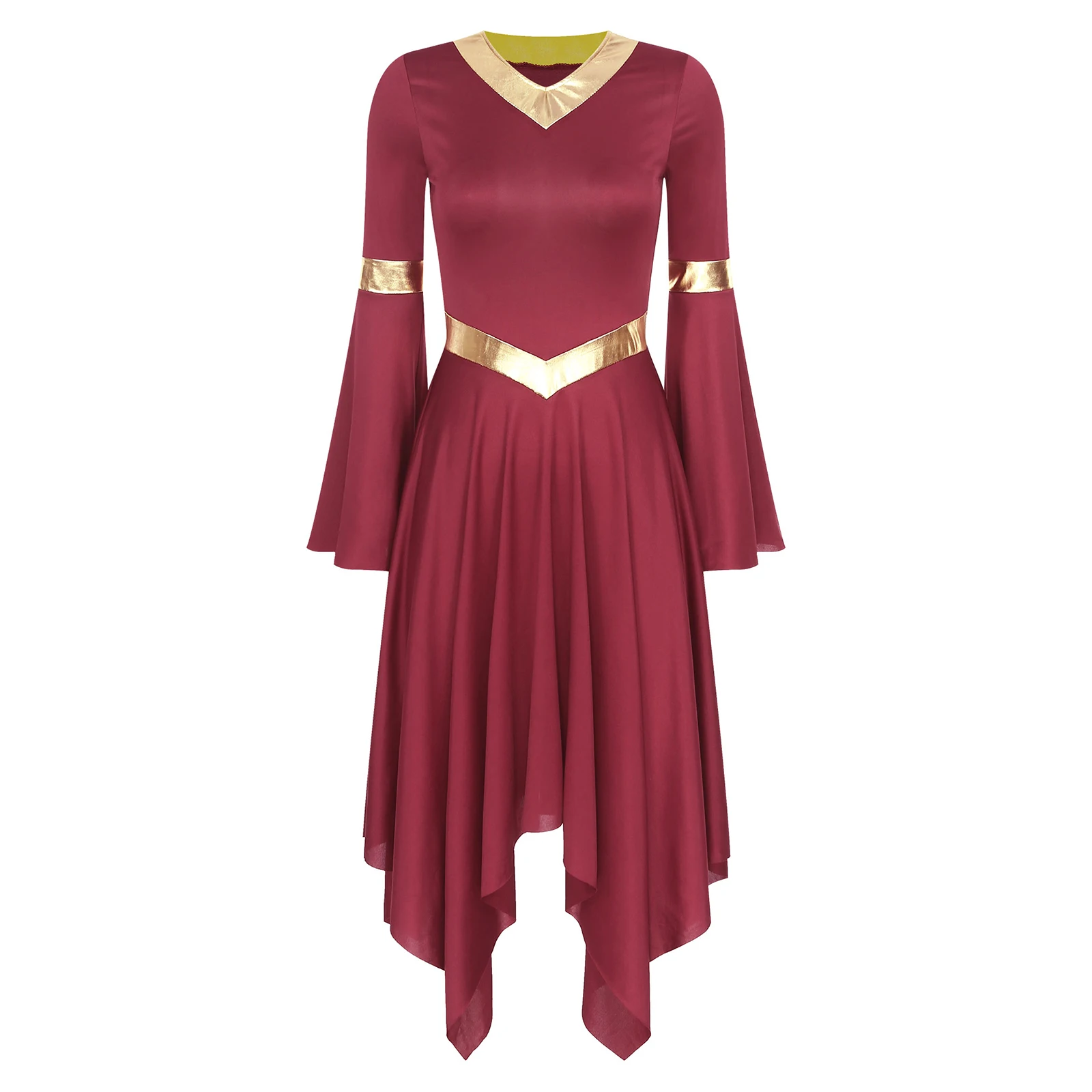 Frauen Lob liturgische Kleid Metallic Kontrast farbe V-Ausschnitt Flare Ärmel asymmetrische Saum Kleider Kirche Anbetung Tanz kleidung