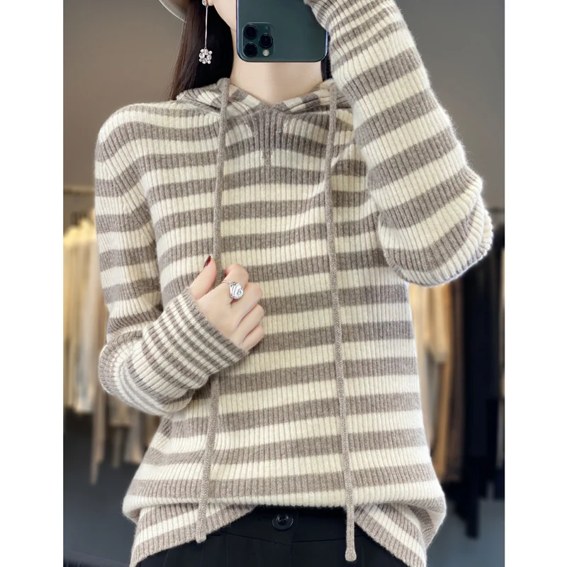 

Fall/winter new 100% pure wool hooded loose Korean striped hooded Korean sweater bottoming cashmere sweater