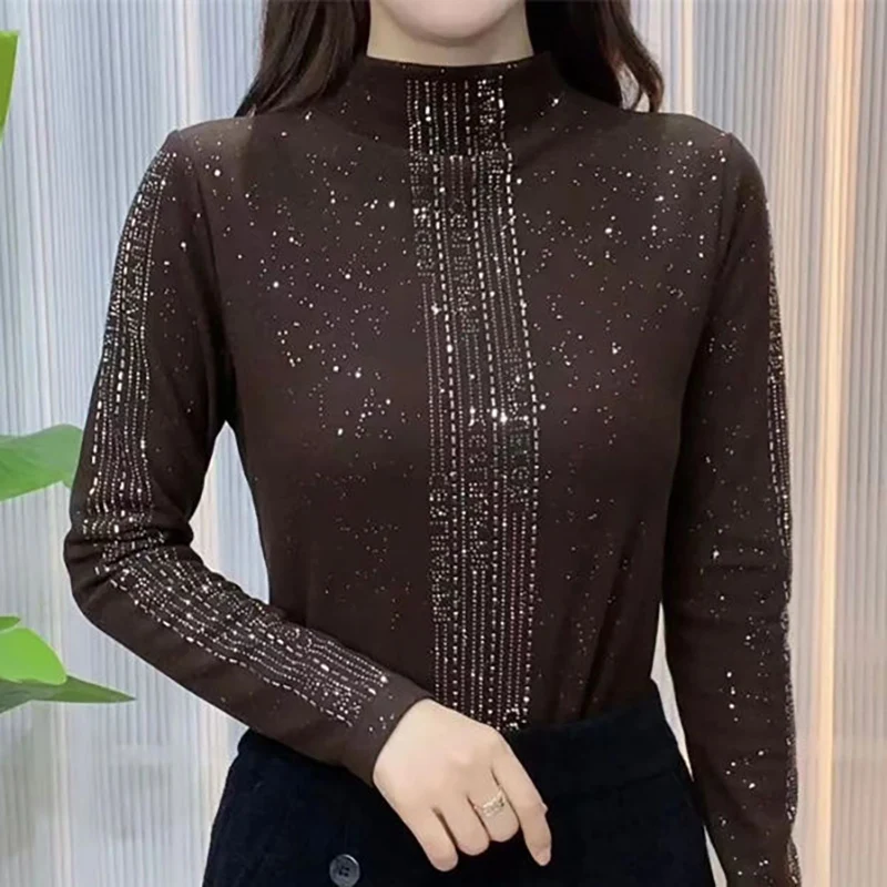 Fashion Stand Collar Sequined Spliced Diamonds Blouses Women\'s Clothing 2023 Autumn Winter Loose Commuter Tops All-match Shirts