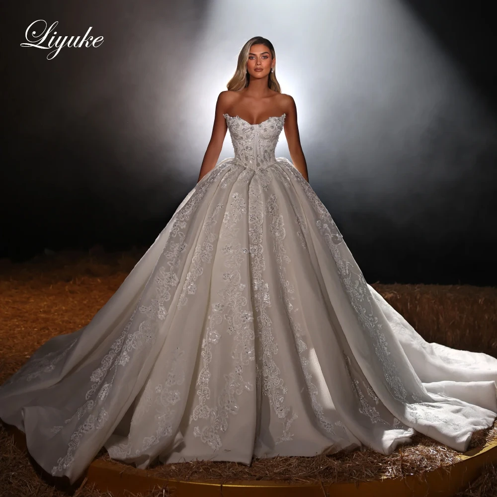 

Свадебное платье Liyuke класса люкс с индивидуальным пошивом, расшитое бисером и кружевом, бальное, с открытыми плечами, без рукавов, с вырезом «сердечко»