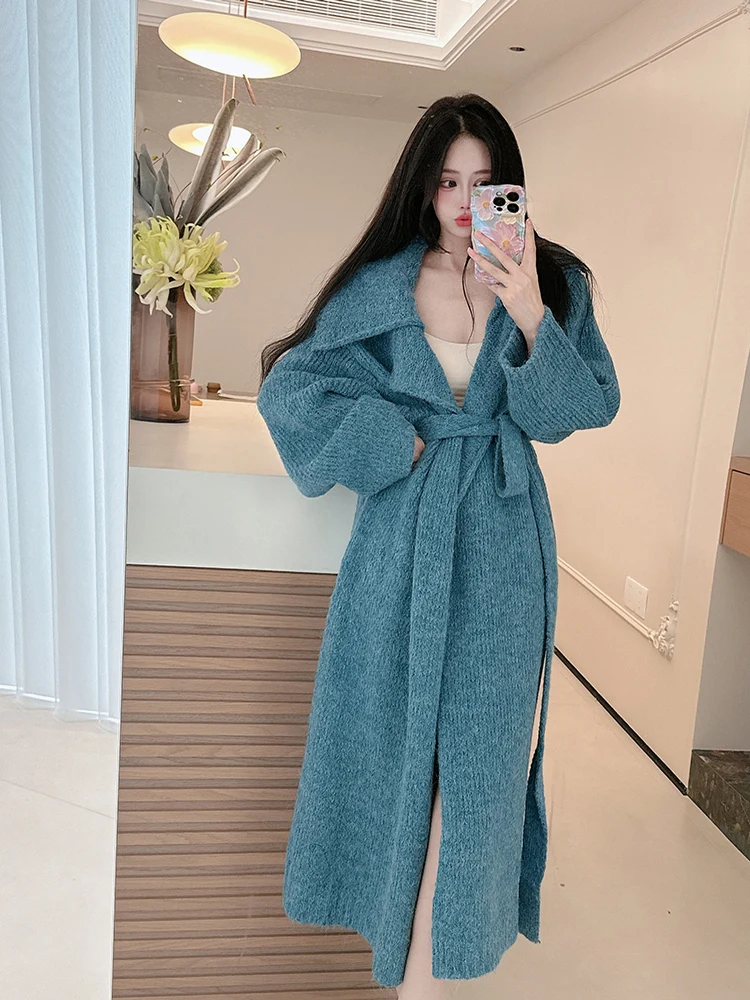 

Peaco Blue Thiened Knitted Sweater Coat Women's Autumn Winter Straight Cut Warmth Emitting Fiber Long Sve Coat
