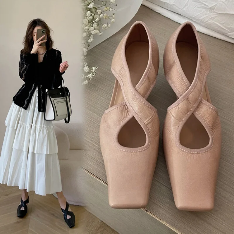 

Retro square toe women's sandals, summer new top layer cowhide cross thin heel wrapped sandals, women's singles shoes