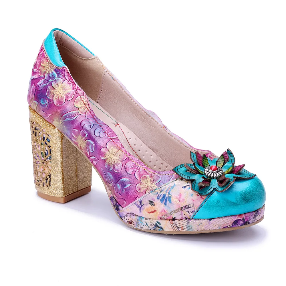 Handmade Stereo Flower Fuchsia Staining Contrast Leather Carved Cut Chunky Heel Pumps Mixed Colors Patchwork Woman Banquet Shoes