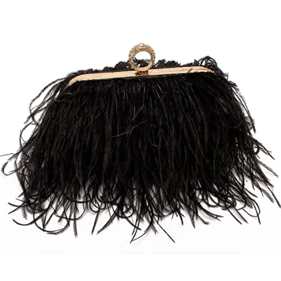 Women Real Natural Ostrich Feather Evening Bags Purses Clutch Vintage Banquet Handbag