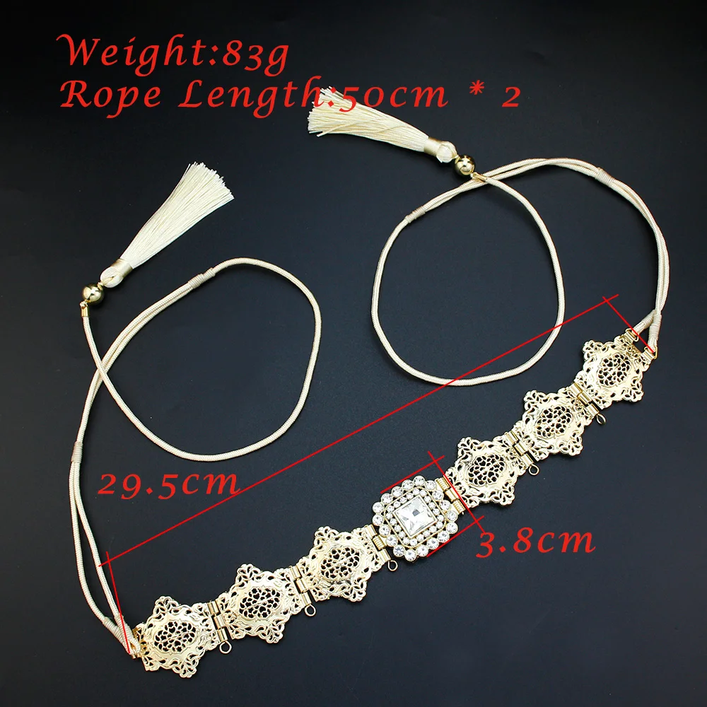 Neovisson Fashion Style Morocco Tassels Belt Gold Color Hand Rope Waist Chain Crystal Bride Dress Belt Arabic Wedding Jewelry