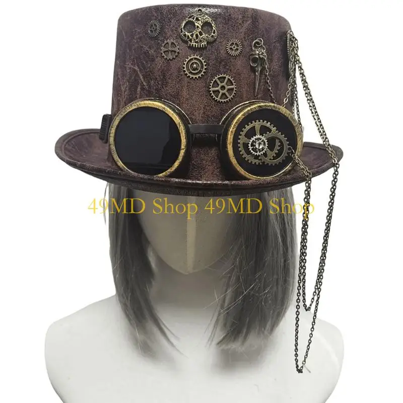49MD Industrial Gothic Leather Cap With Articulated Clockwork Chain Removable Steampunks Accessory For Cosplayers Adults