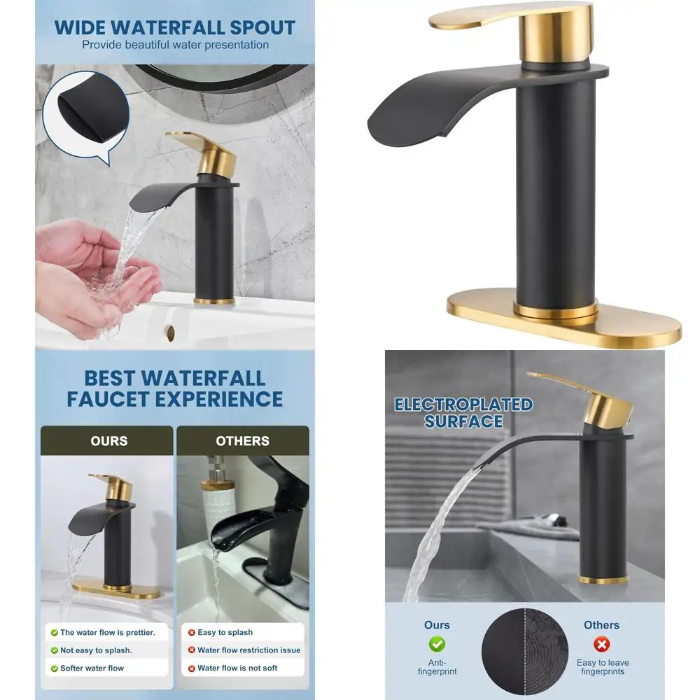 

Modern Black and Gold Single Handle Bathroom Faucet for 1 or 3 Hole Sinks with Pop-up Drain and Hoses