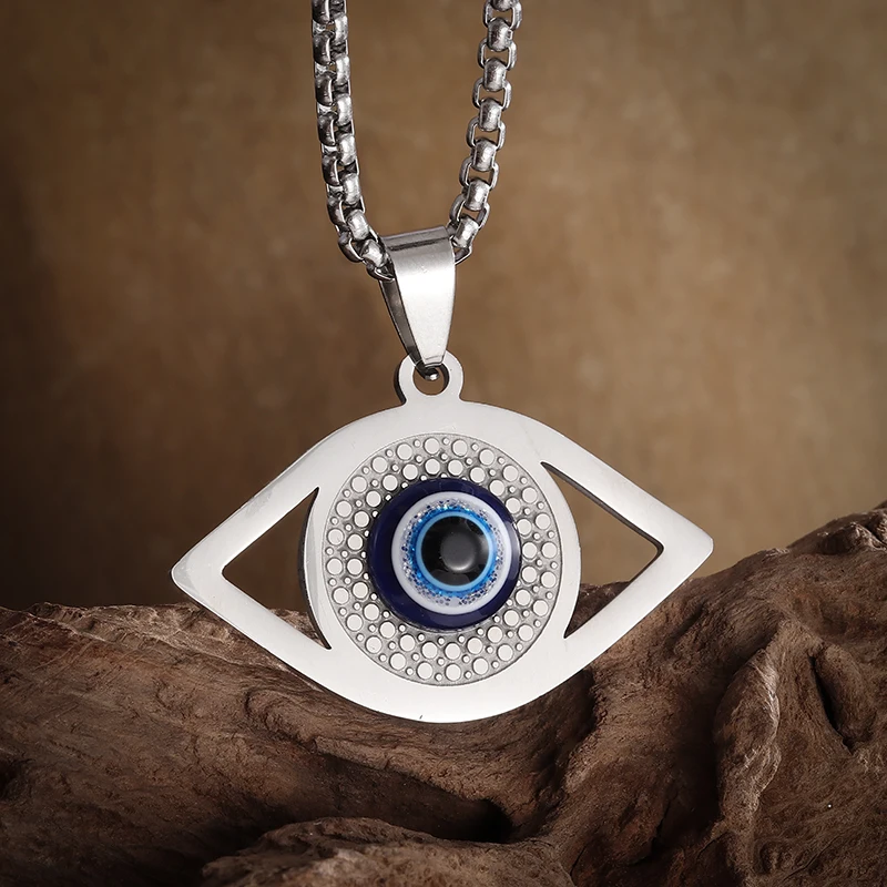 Collar con colgante de mal de ojo turco de acero inoxidable para hombres y mujeres, joyería de amuleto de la suerte personalizada, tendencia de moda