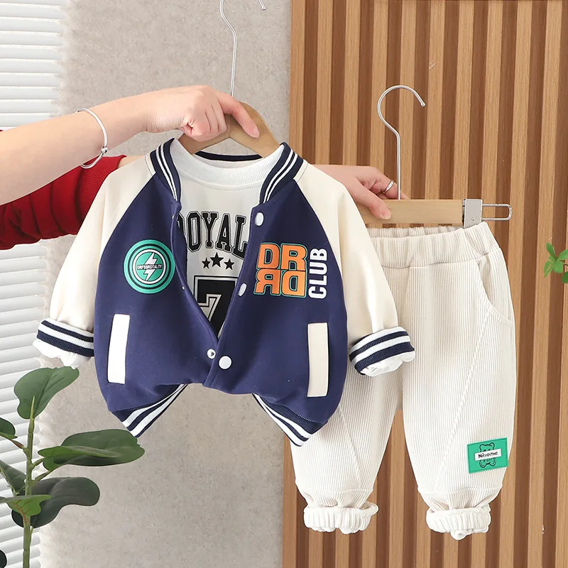 2023 Korean Spring Toddler Boy 3PCS Clothes Set Letter Baseball Jacket Printed Sweatshirt Corduroy Pants Track Suit Boy Outfits