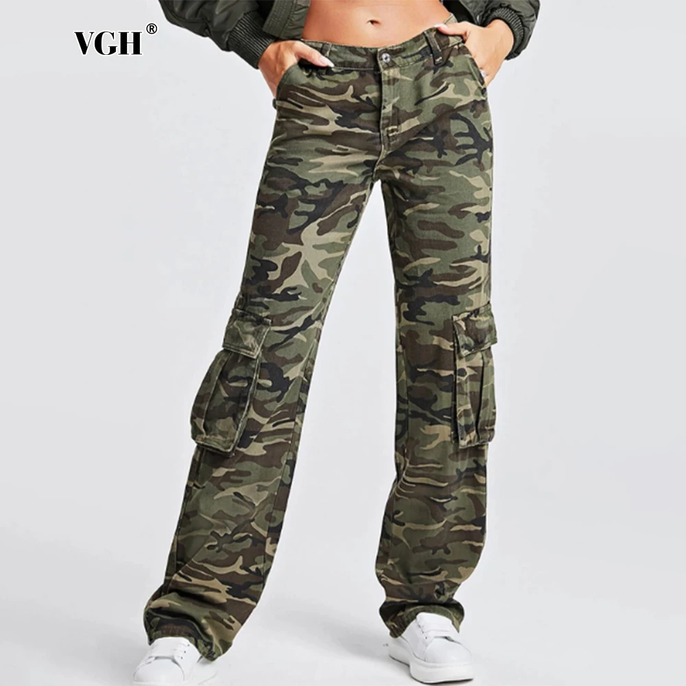 

VGH Casual Patchwork Button Camouflage Cargo Pants For Women High Waist Spliced Pockets Loose Chic Trousers Female Fashion New