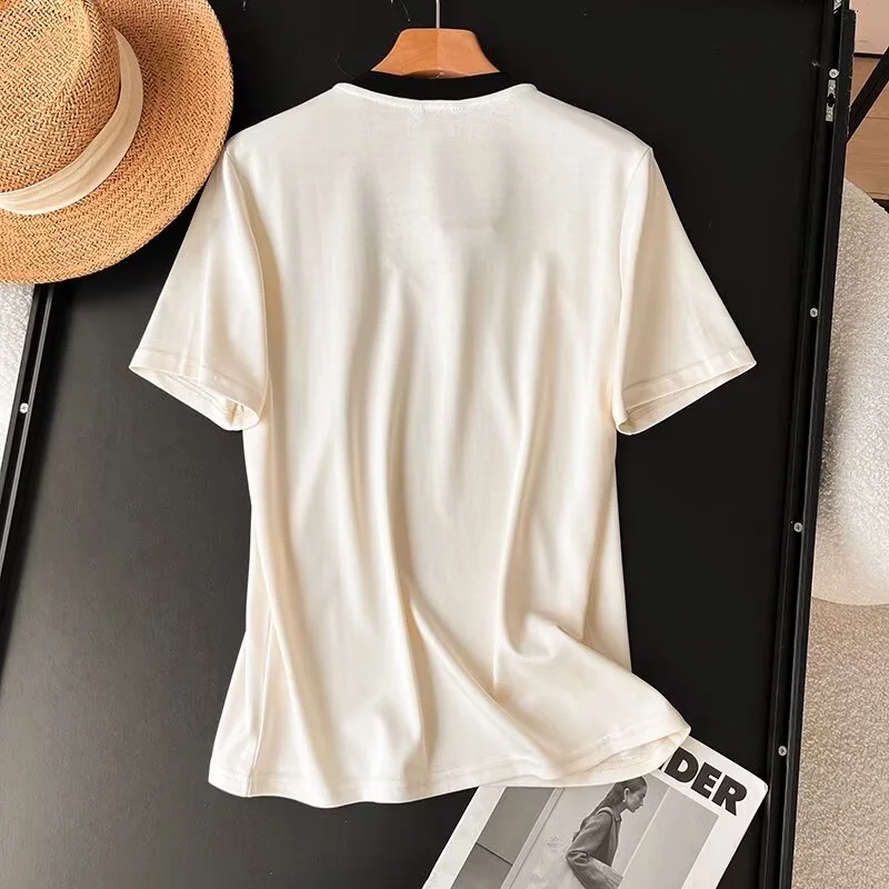 KEYANKETIAN 2024 New Launch Women's Contrast Color V-Neck T Shirt Summer Simply Leisure Short Sleeve Cotton Tees Pullover Top